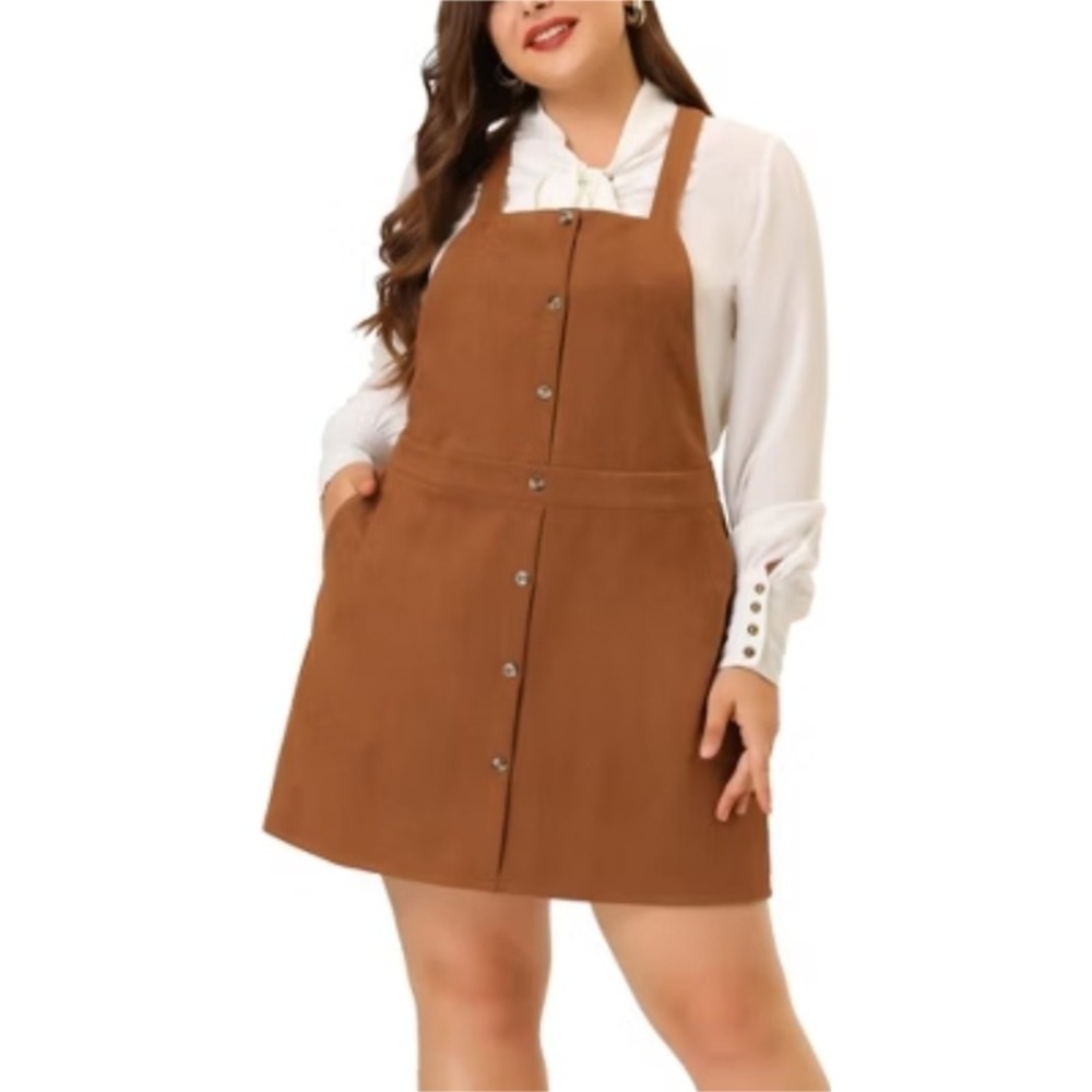 Agnes Orinda Brown Overall Dress Plus Size 2X Button Front Pockets‎ NWT